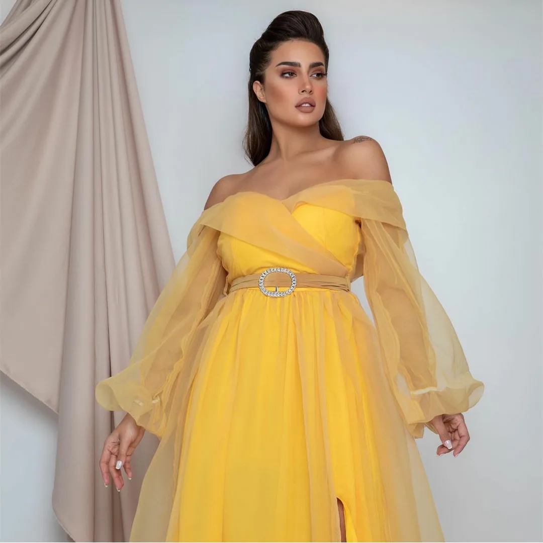 

Classic Yellow Tulle Prom Dresses for Women 2023 with Off the Shoulder Evening Dress with Slit Floor Lengthفساتين السهرة