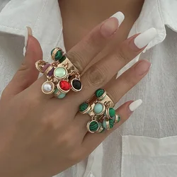 Vintage Natural Stone Multi-pendant Tassels Pendant Open Ring Women's Beaded Heart Ring Wedding Party Jewelry
