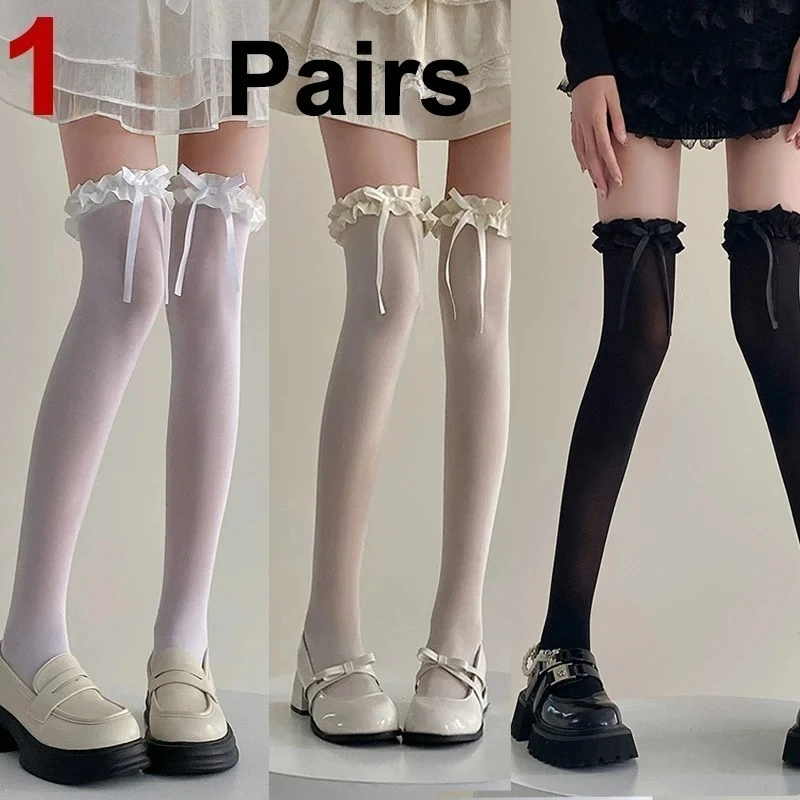 1 Para Długich Skarpetek Damskich w Stylu Baletowym Lolita Jk z Koronkową Kokardką Letnie Cienkie Oddychające Miękkie Wygodne Podkolanówki