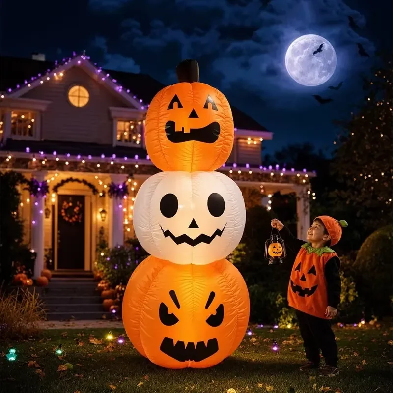Cross-border 1.8 meters Halloween inflatable stackable pumpkin model polyester fiber LED lights horror ghost yard lawn party