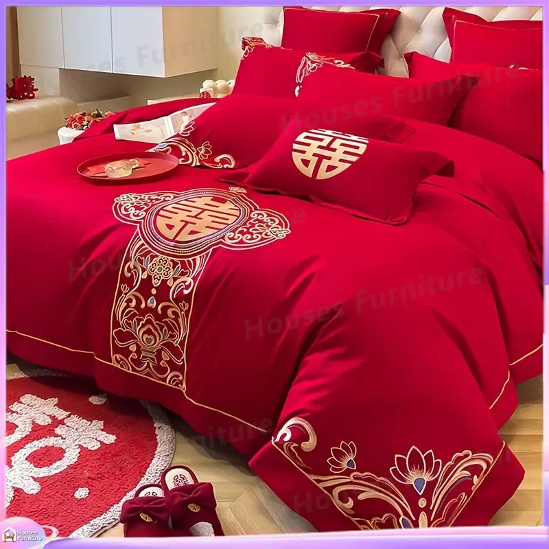 Class A maternal and infant grade pure cotton wedding four-piece set big red Chinese embroidered bed sheet quilt cover