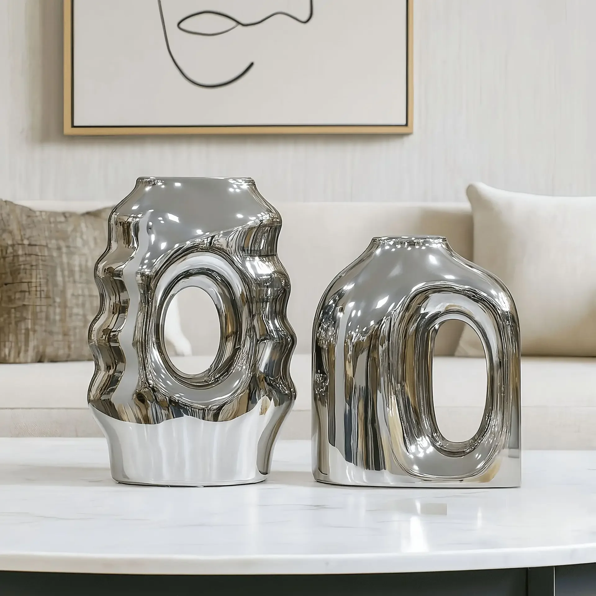 Modern Ceramic Flower Vase Electroplated Home Decor Ornament Mu Chun Craft For Living Room Entrance TV Cabinet Display