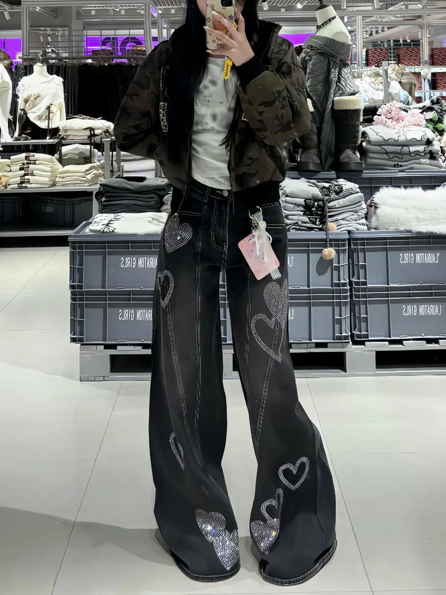 

Hot Girl Heart Shaped Rhinestone High Waist Wide Leg Jeans Women Summer Small Size Pleated Straight Long Pants Denim Skinnies