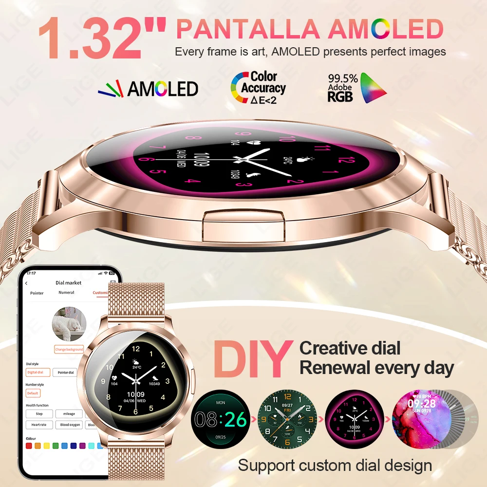 LIGE 2025 ساعة ذكية جديدة للنساء AMOLED شاشة الساعات IP68 مقاوم للماء مراقب معدل ضربات القلب السيدات ساعة ذكية لهواوي Xiaomi