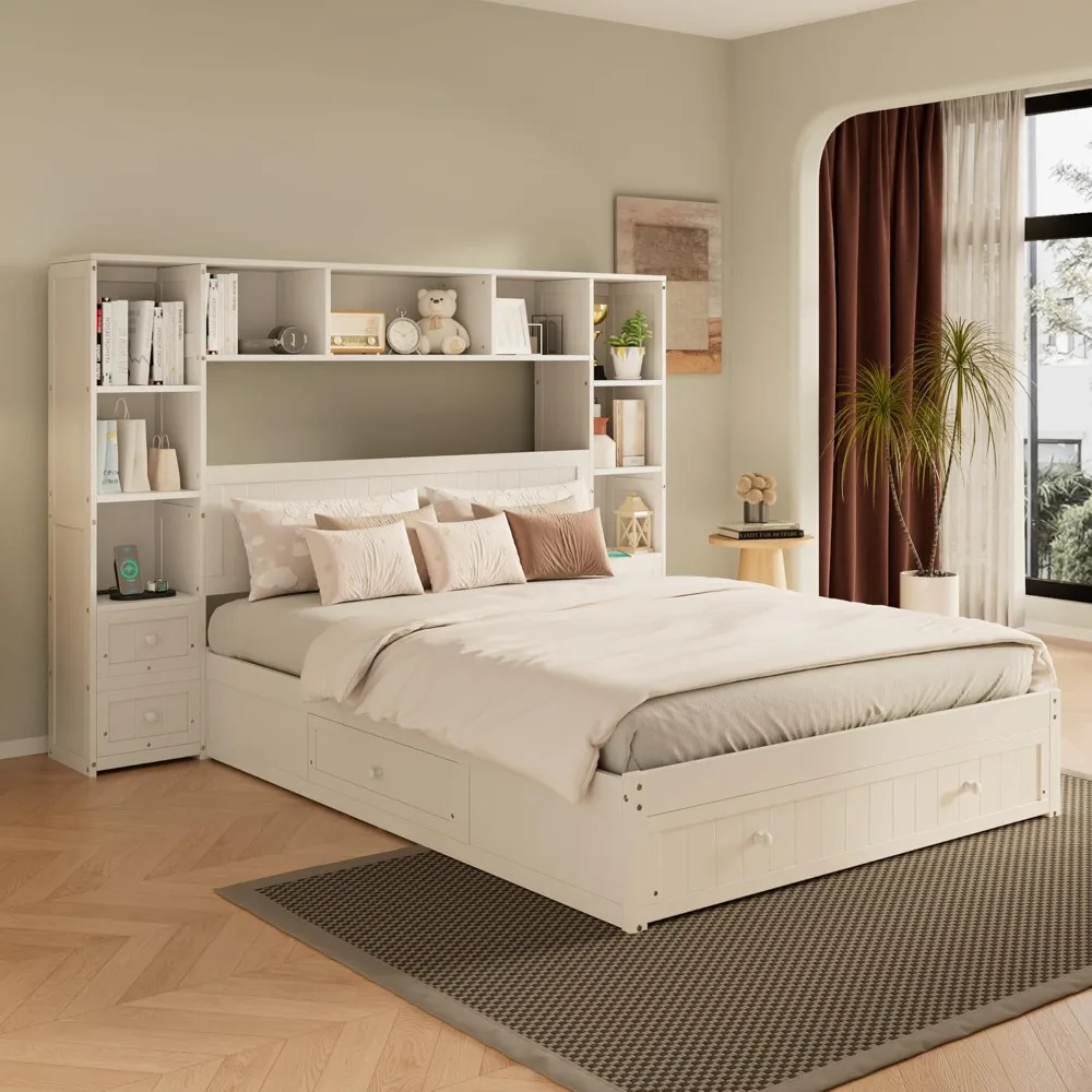 

queen-sized wooden platform bed with bookcase headboard and dual nightstand for children
