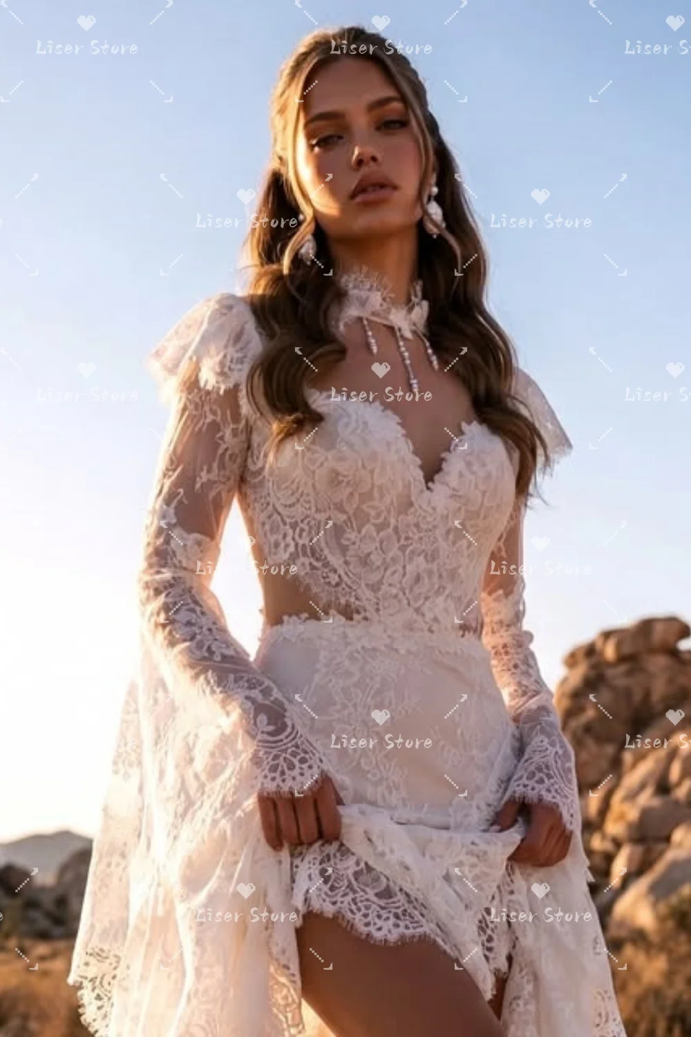 Liser Customized Ivory High Neck Flare Sleeve Lace Chiffon Mermaid Wedding Dress Ruffle Hem Beach Elopement Sweep Train 2026