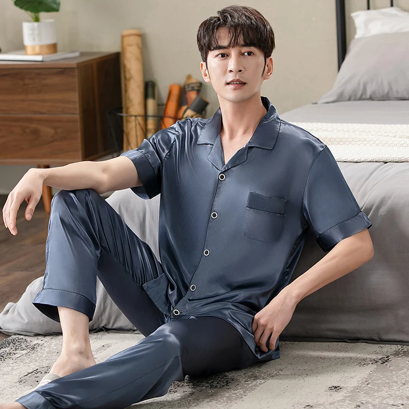

Men Pajama Set Nightwear Summer Silk Satin Short-sleeve Male Sleepwear Sets Button Cardigan Pyjamas Male Pajamas Casual Homewear