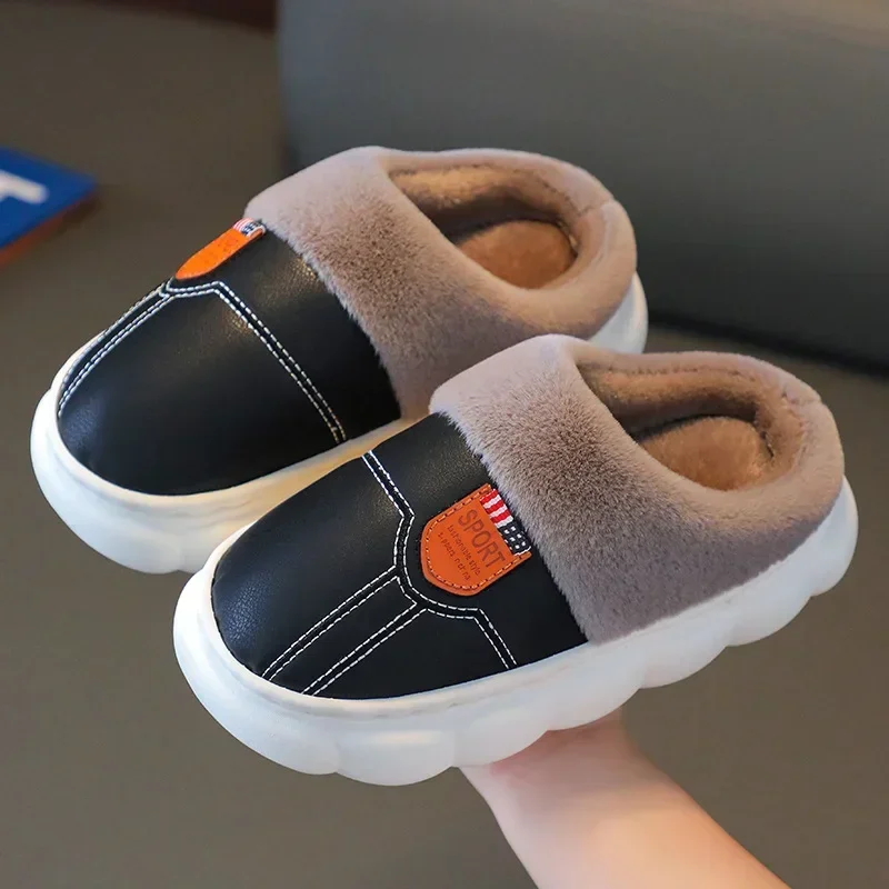 Children Cotton Slippers Princess Shoes Kids Warm Winter Waterproof Leather Furry Slippers Little Girl Boy Soft Sole Baby Shoes