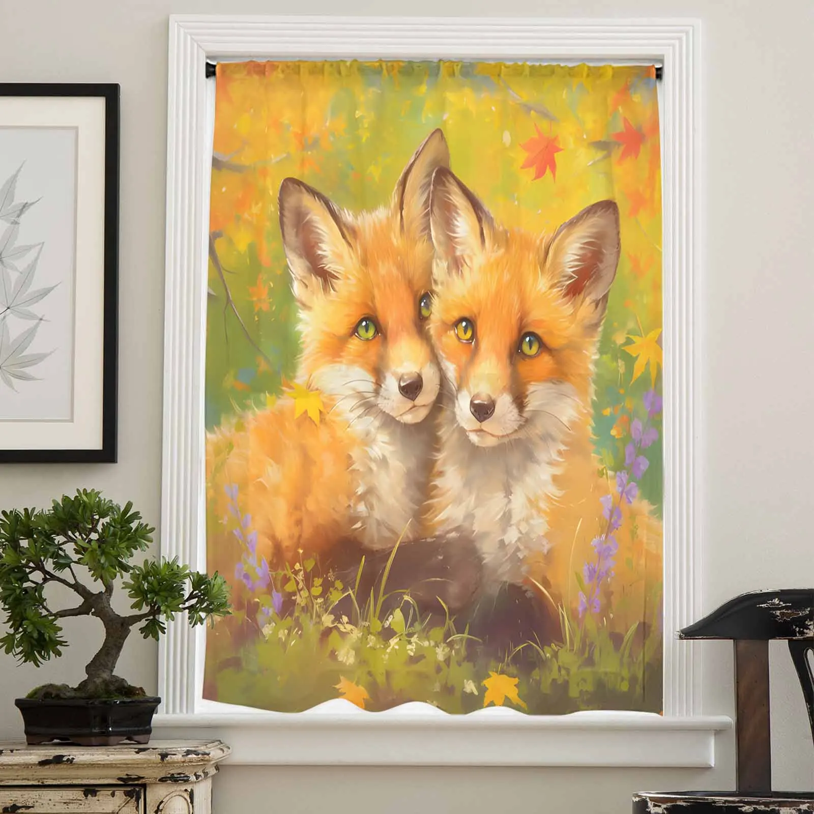 Two Foxes With Maple Leaves In Autumn Sheer Curtain Living Room Drapes Home Bedroom Voile Curtain Tulle Window Curtain