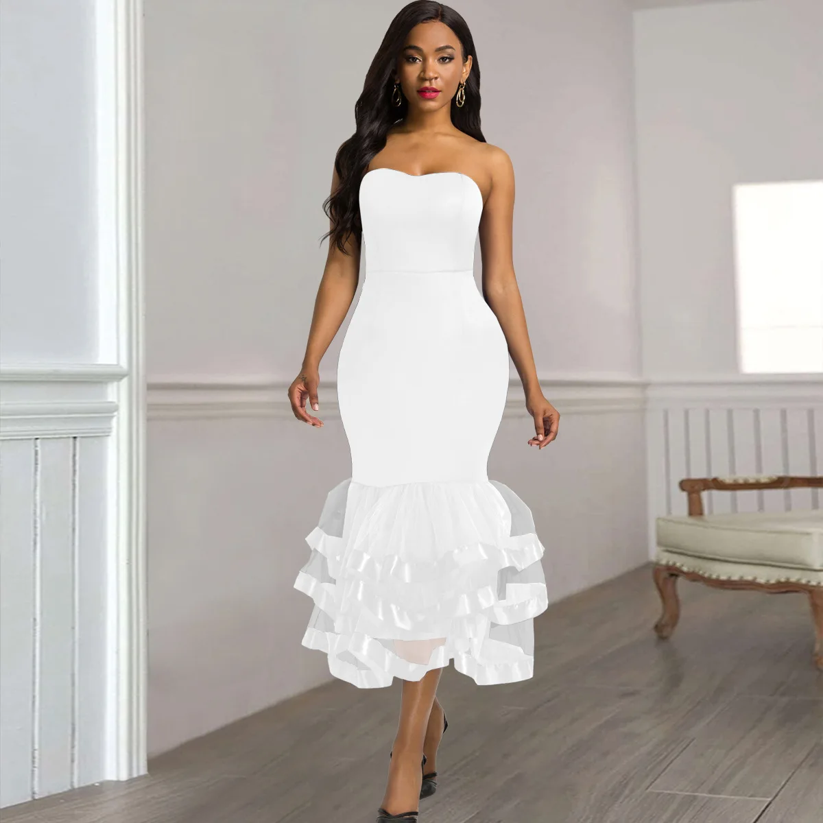 A41453 Straplessตาข่ายBodyconชุดหลายสีตัวเลือกเค้กMermaid Partyชุดใหม่ในปี 2025 ฤดูร้อนชุดRobe Vestidoผู้หญิง