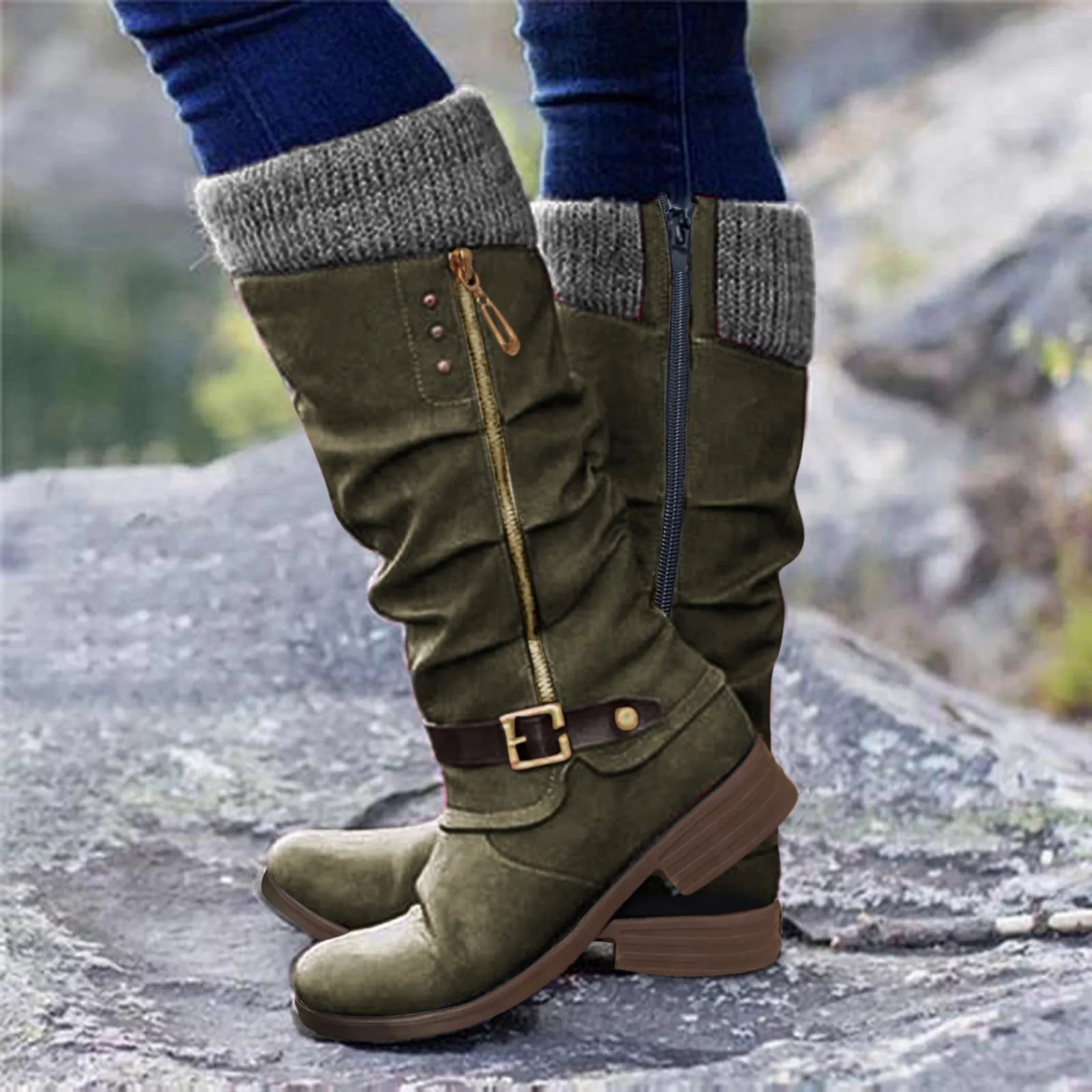 Knee Boots For Women Suede Boots Shoes Heels Zipper Women\'S Boots High Fashion Low Long Cute Winter Boots For Women Knee High