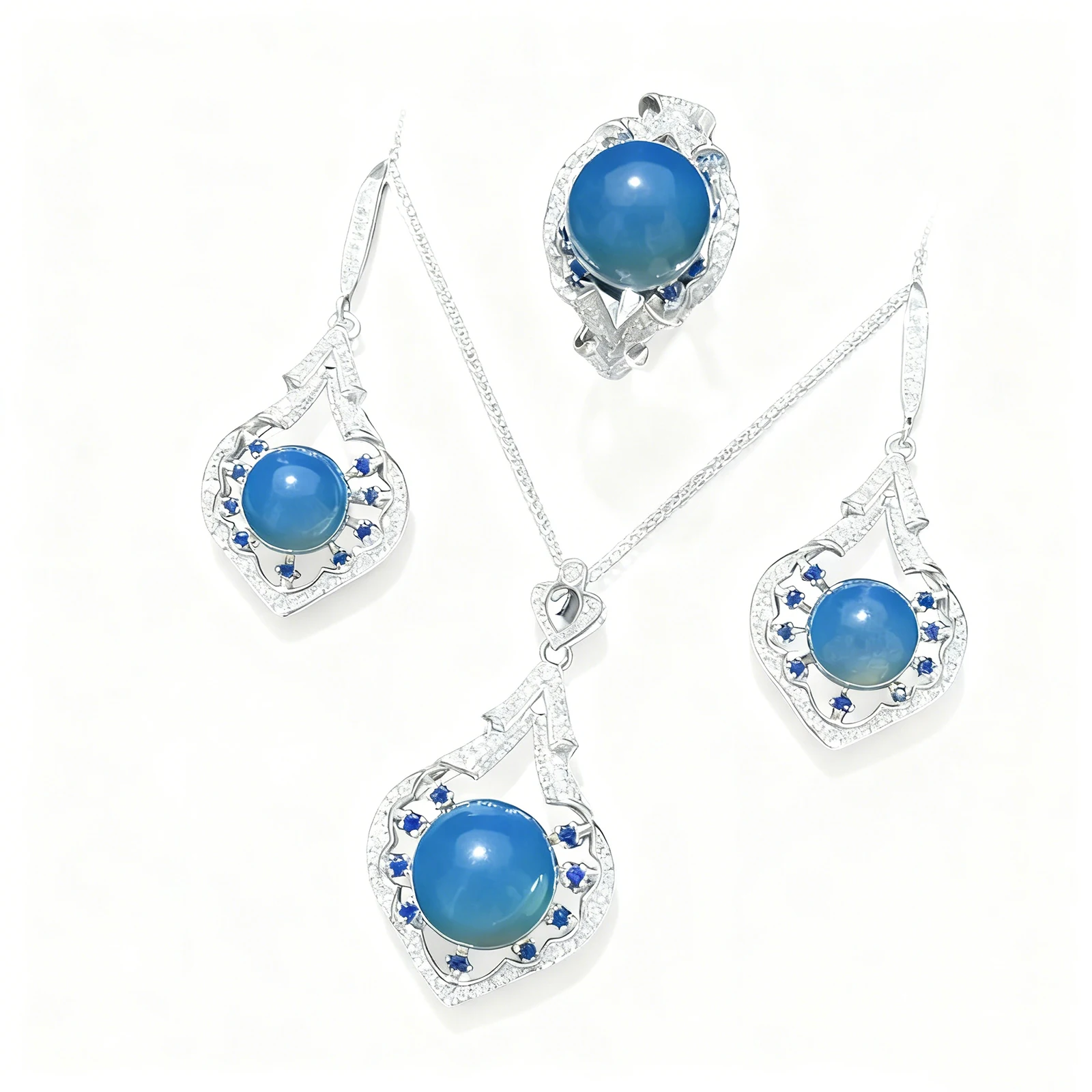

Natural Mexican Blue Amber Sterling Silver Necklace Hollow Water Drop Vintage Royal Luxury Jewelry Set 9mm 10mm 12mm