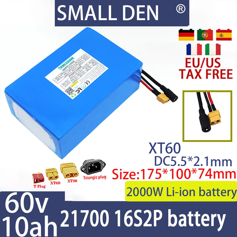 

New 60V 10Ah 21700 lithium battery pack 16S2P 1000W-2000W motorcycle scooter battery off-road vehicle solar+67.2V 2A charger