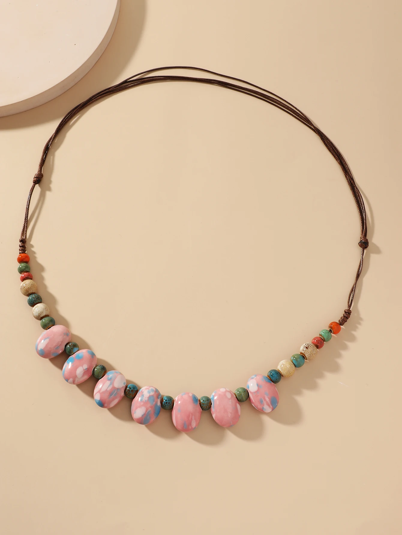 Bohemian Ethic Vintage Style Ceramic Colored Flat Bead Long Necklace for Women Summer Jewelry