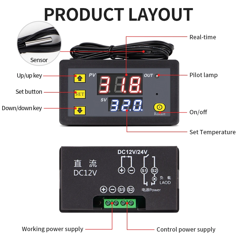 DC 12V Digital Temperature Controller with Remote Control NTC Sensor Thermostat Regulator for Refrigerator Indoor Freezer