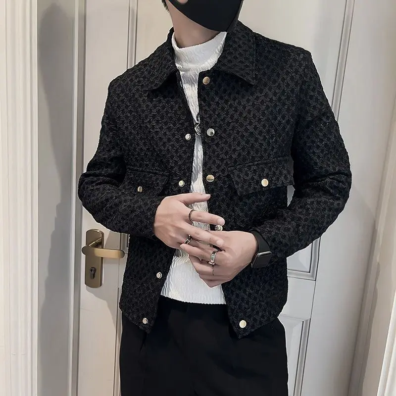 Men walf checks Jacket Fashion loose lapel-up Spring Autumn retro men Casual Cargo jacket Solid Color Loose male Outerwear