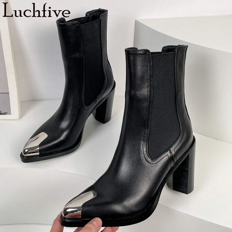 Black Genuine Leather Knee High Flat Boots Women Metal Pointy toe Elastic Slip on Punk Boots Luxury Fashion Week Ankle Boots