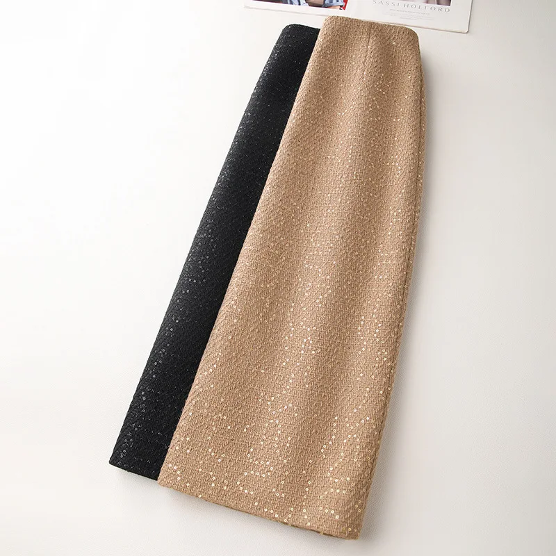 تنورة متوسطة الطول بقصة ضيقة بالترتر للنساء، تنورة ضيقة شتوية أنيقة، تنورة تنحيف متوسطة الطول