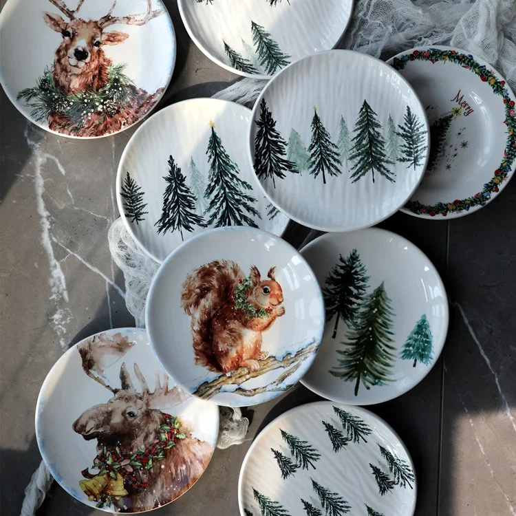 

Christmas tree pattern small saucer 16cm American country ceramic bone saucer cake snack saucer