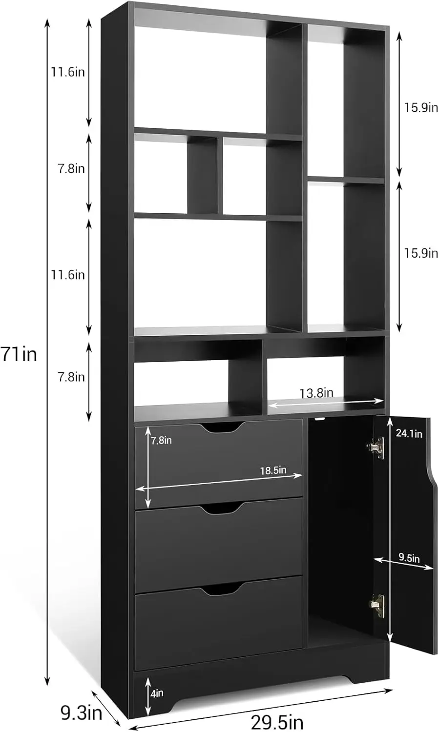 Black Bookshelf, 4 Tiers Open and 3 Drawers Wooden Book Shelf, 71