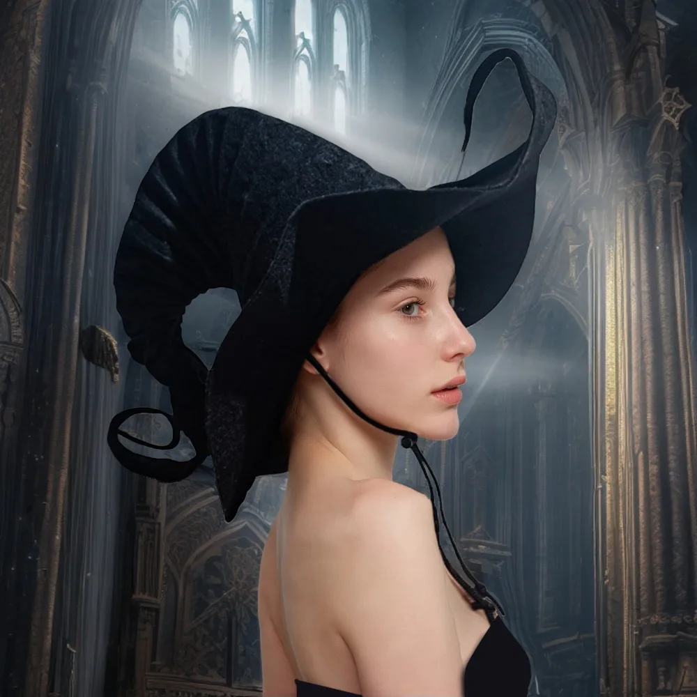 Wrinkled Pointed Witch Hat Halloween Headwear Stage Dressing Supplies with Windproof Rope Party Hat