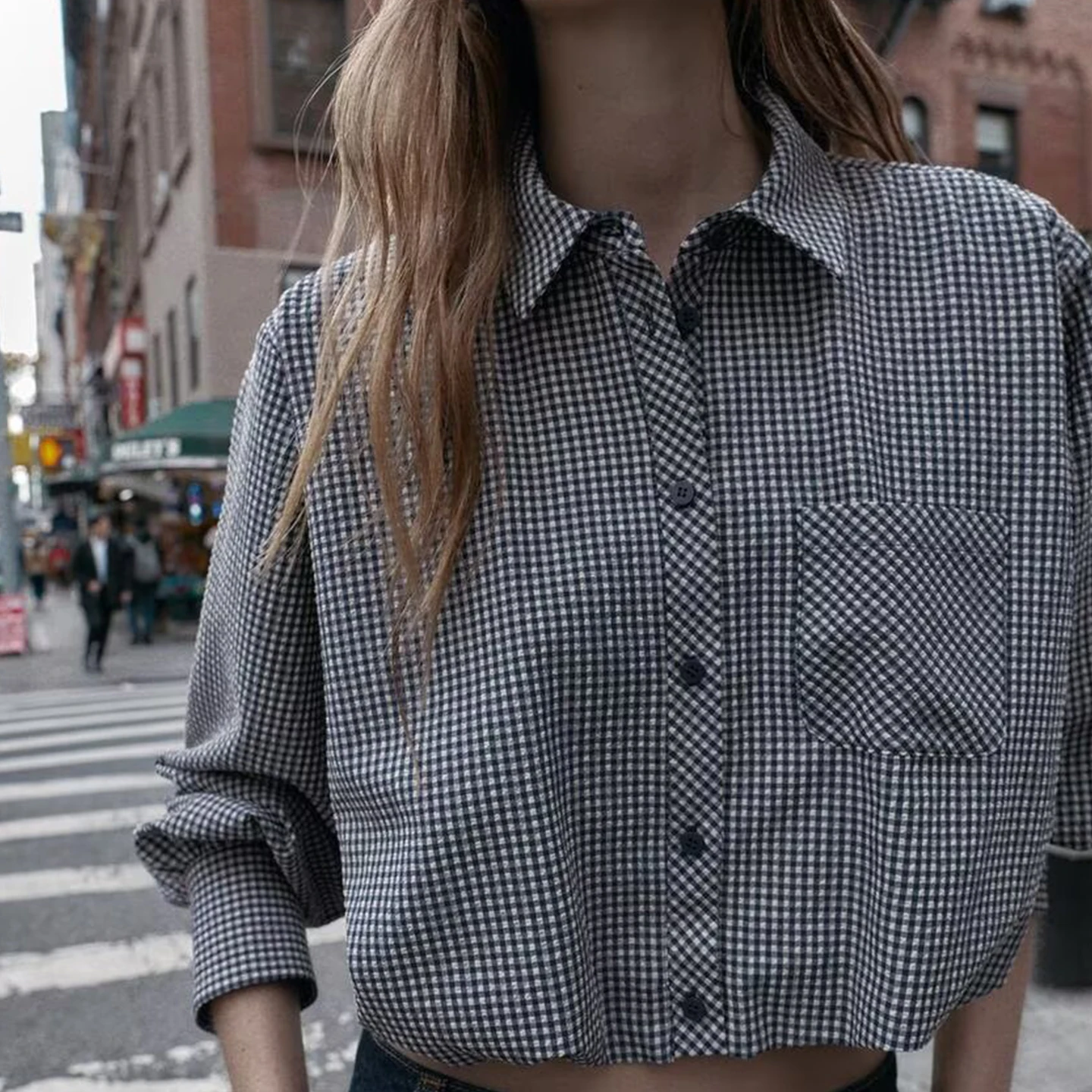 ファッショナブルなカジュアルな格子柄バルーンスリーブ、レディース、多用途、2025年秋、Zロングスリーブ、ロング丈オープンカーディガン