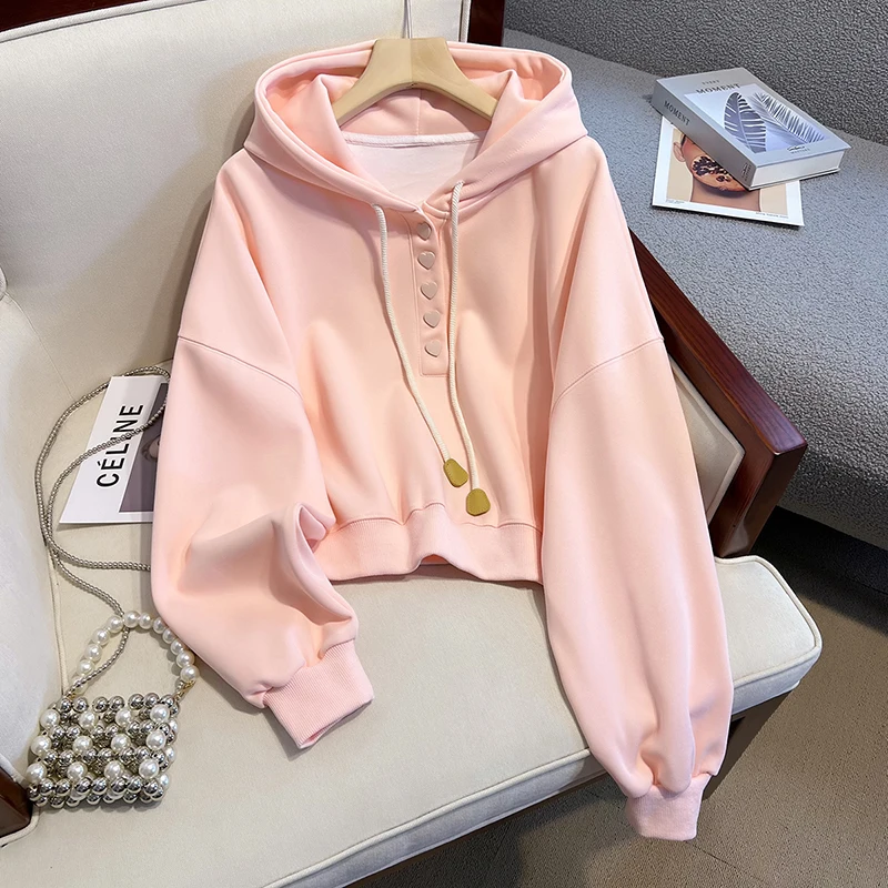 

Sweatshirts 2024 Spring Autumn New Women's Hoodies Fashion Popular Hooded Loose Pullover Love Button Drawstring Top