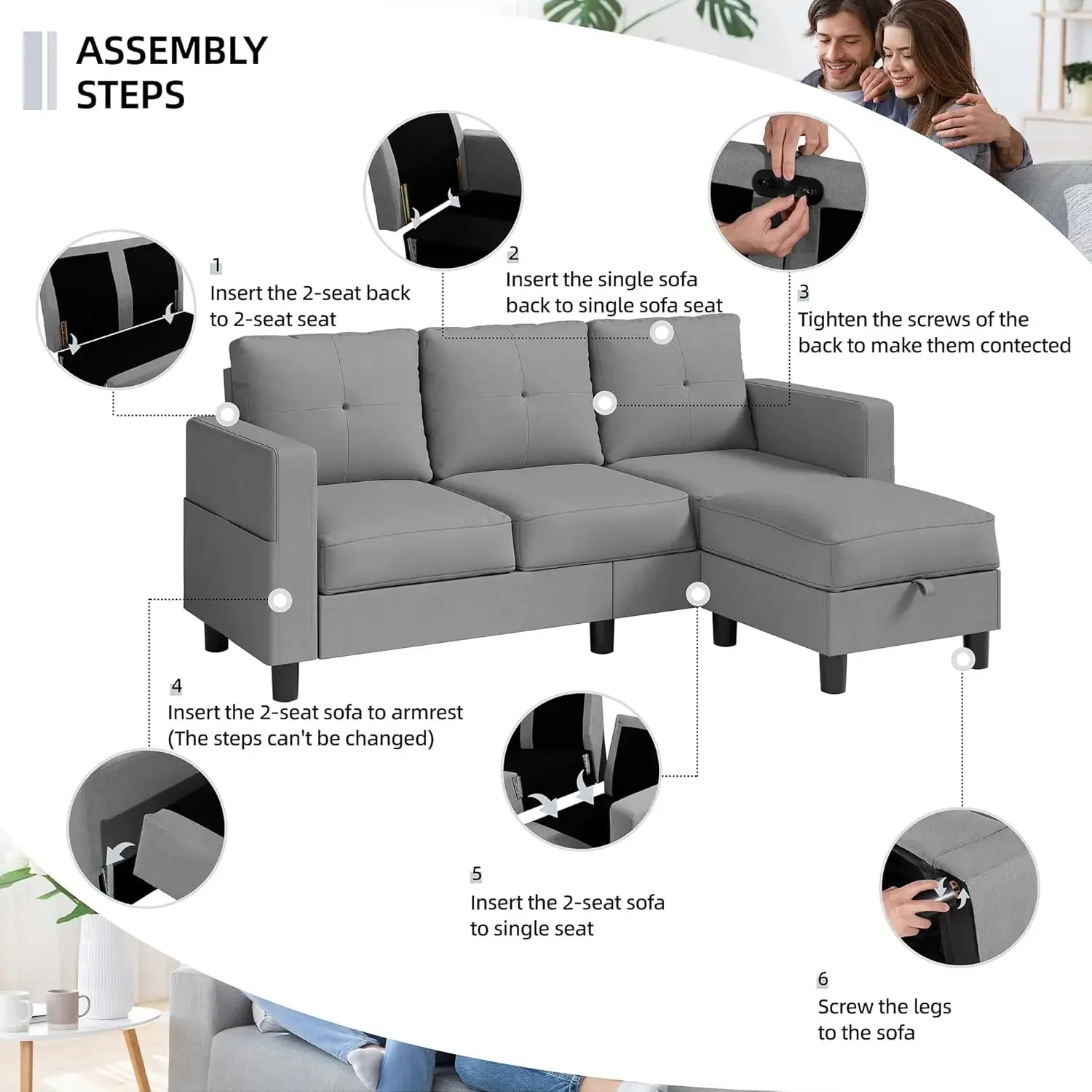 Nowoczesna sofa narożna z tkaniny lnianej, 3-osobowa, z odwracaną leżanką dla