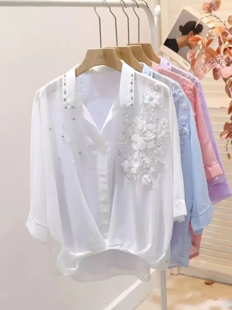 

Short Sleeve Sunscreen Chiffon Blouses Shirts for Women 2026 Summer Top Woman Clothing Blusas