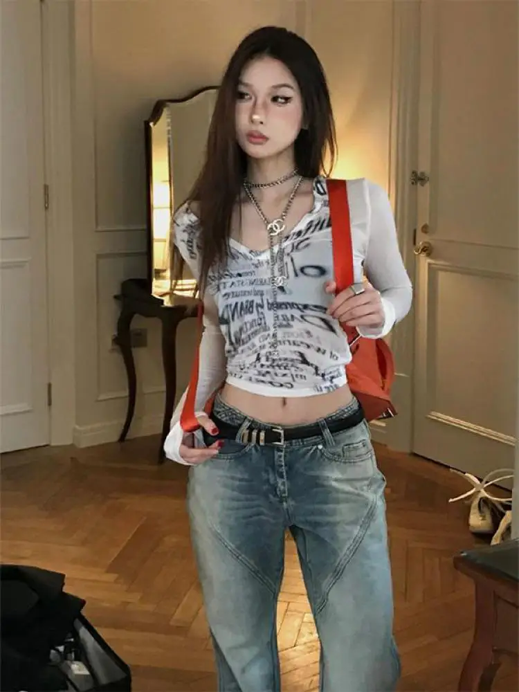 Genayooa Y2k Vintage T Shirt Women Skinny Mesh Tops Streetwear Funny T Shirts Grunge Aesthetic Crop Tops Japanses 2000s Tee Tops