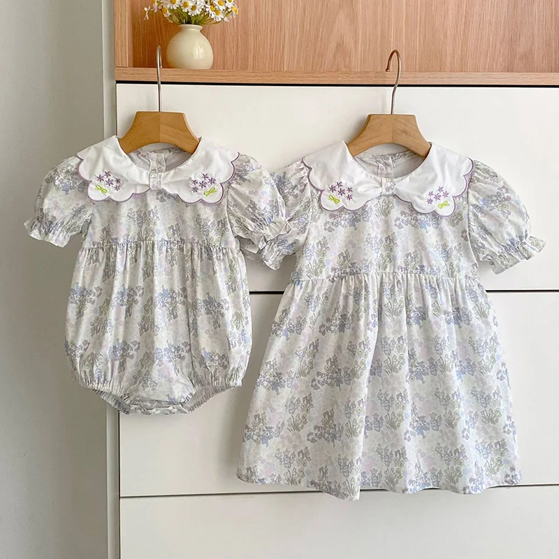 2026 New Summer Sister Clothing 2-6Yrs Baby Girl Party Dress Kids Princess Dresses Short Sleeved Cotton Print Infant Baby Romper