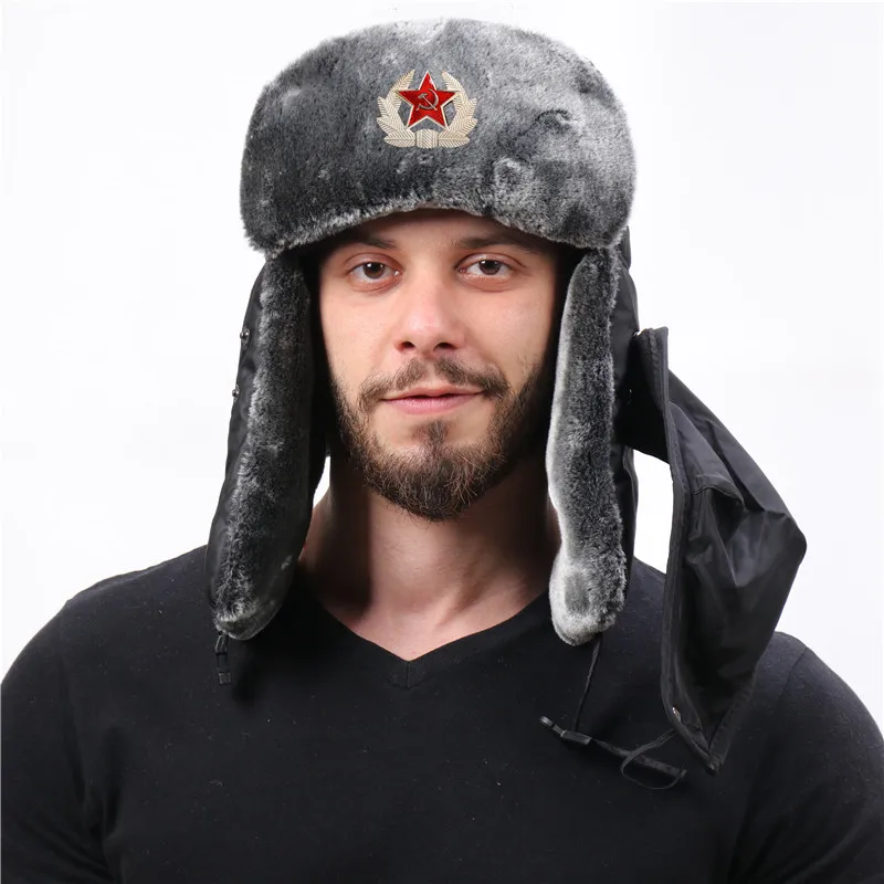 Soviet Badge Waterproof Wind‑Shield Ushanka Hat, Thick Insulated Earflap Outdoor Winter Cap