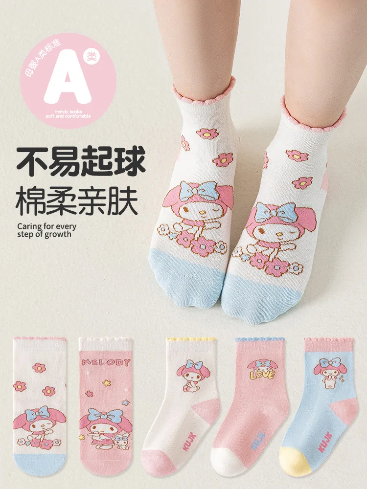5 أزواج من جوارب My Melody Kuromi منتصف الساق للفتيات خفيفة الوزن قابلة للتنفس للربيع/الصيف جوارب شبكية هدية جوارب قطنية #3