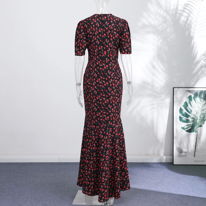 Elegant Women's Floral Printed Dress Slim V Neck Short Sleeve Waist Cinching Long Fishtail Dresses 2026 Summer Lady Party Robes