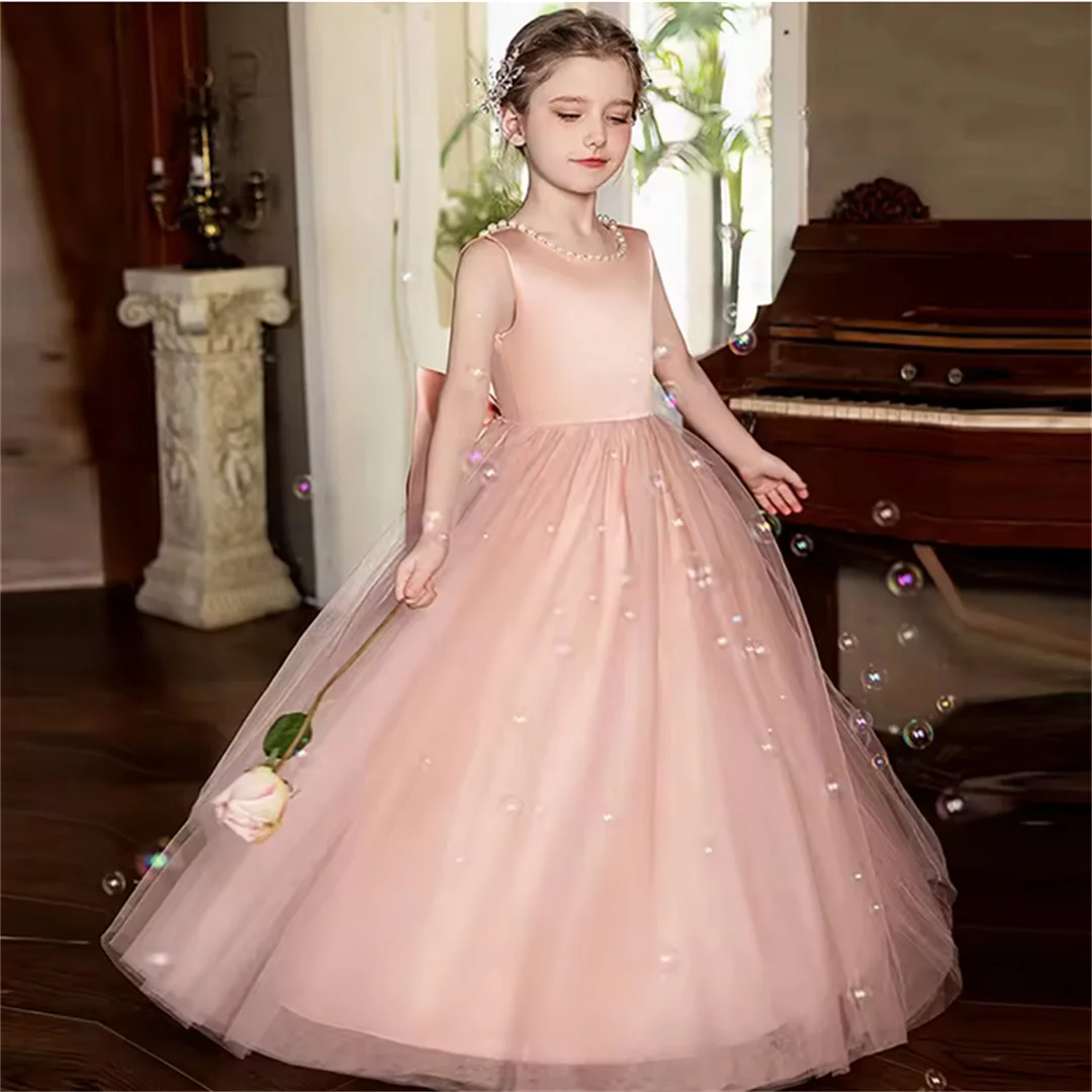 Girls Long mesh Pommel Junior Bridesmaid Dress Neckline beaded large bow Birthday dress Wedding dress/customizabl