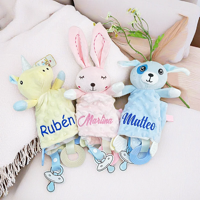 

Customized with Name Bunny Blanket Teether Plush Stuffed Toy Comforter Puppy for Baby Shower Gifts