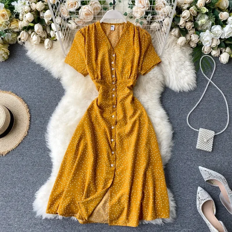 2025 French Sweet Floral Dress Women V Neck Puff Sleeve Single-Breasted Dress Summer Bohemian Print A-line Midi Dress