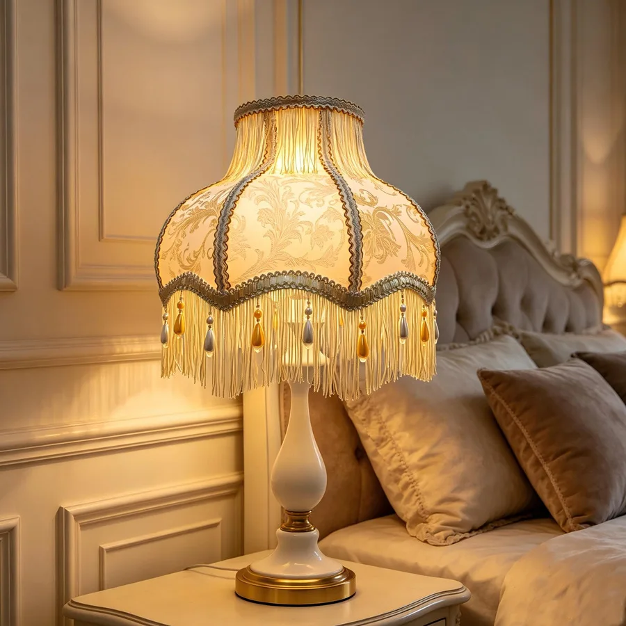 European Retro Beige Jacquard Lampshade Double-layer Tassel Pearl Pendant Light Lampshade