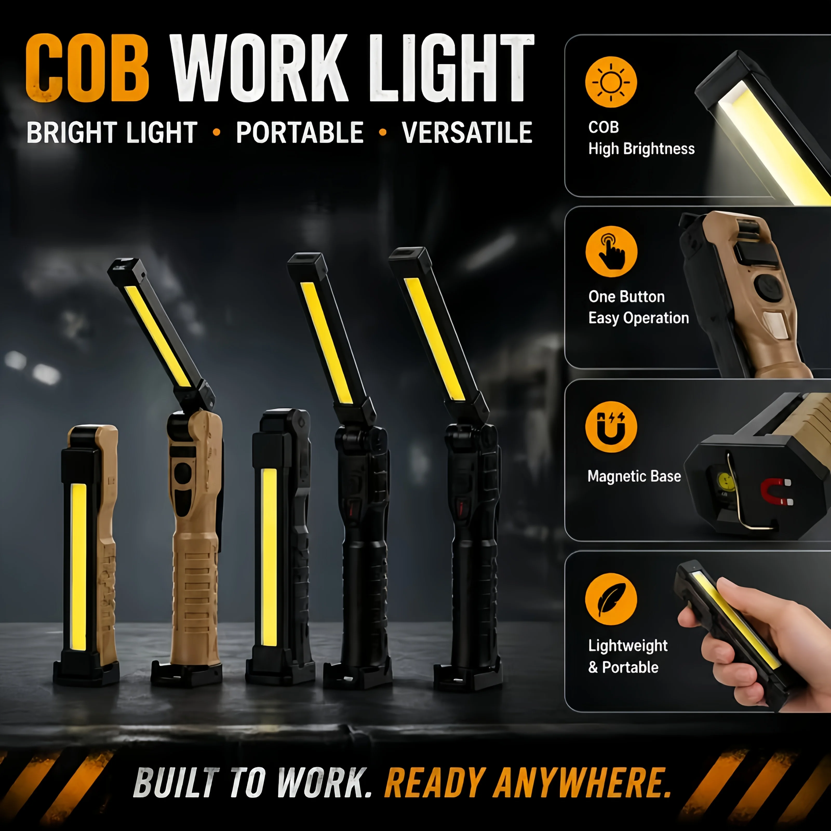 USB Rechargeable LED Work Light 800 Lumens COB Lantern with Built-in battery,Portable Handled Flashlight for Outdoor Car Repair