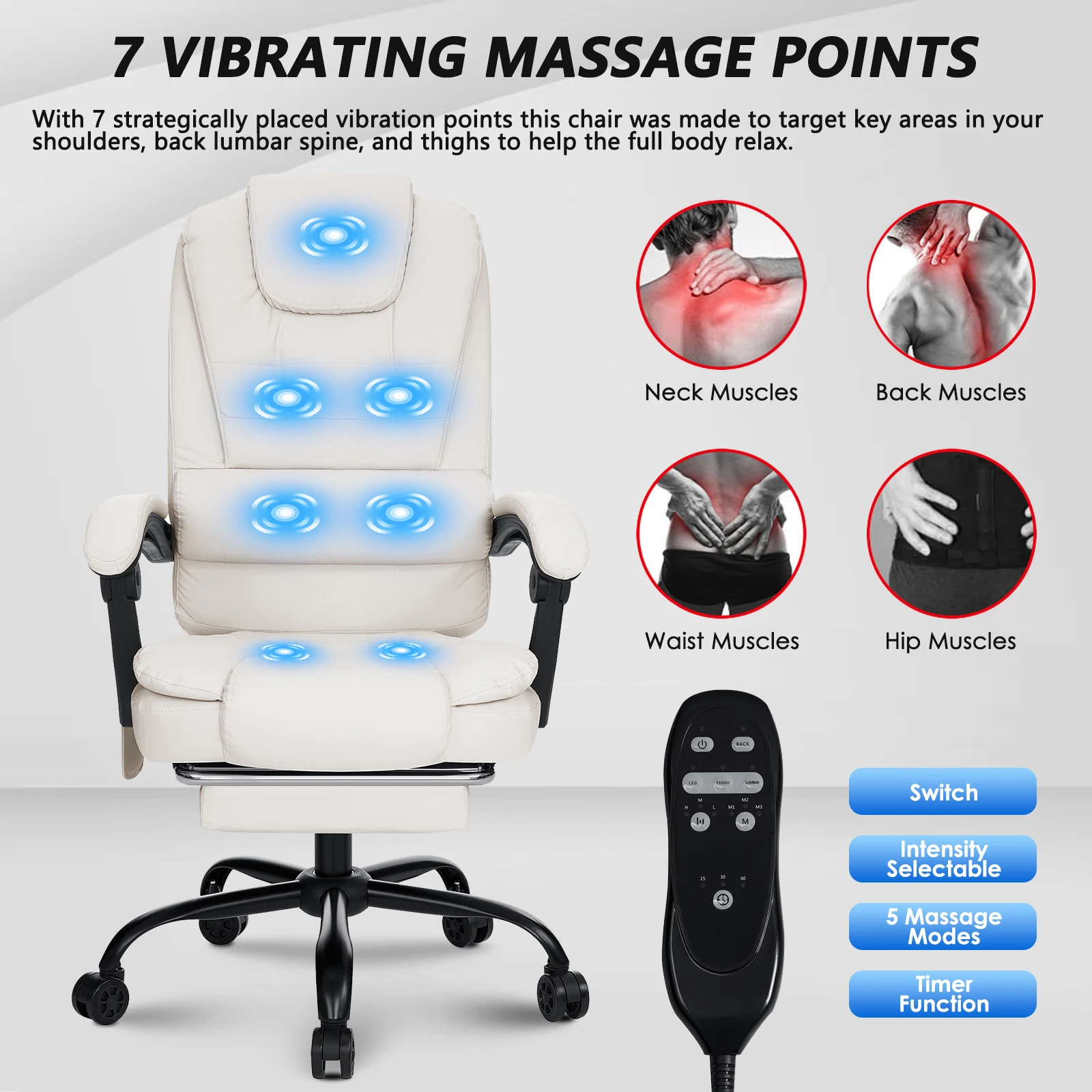 Ergonomic Massage Gaming Chair with Footrest Handheld Controller 7 Vibration Points Height Adjustable Leather Computer Chair