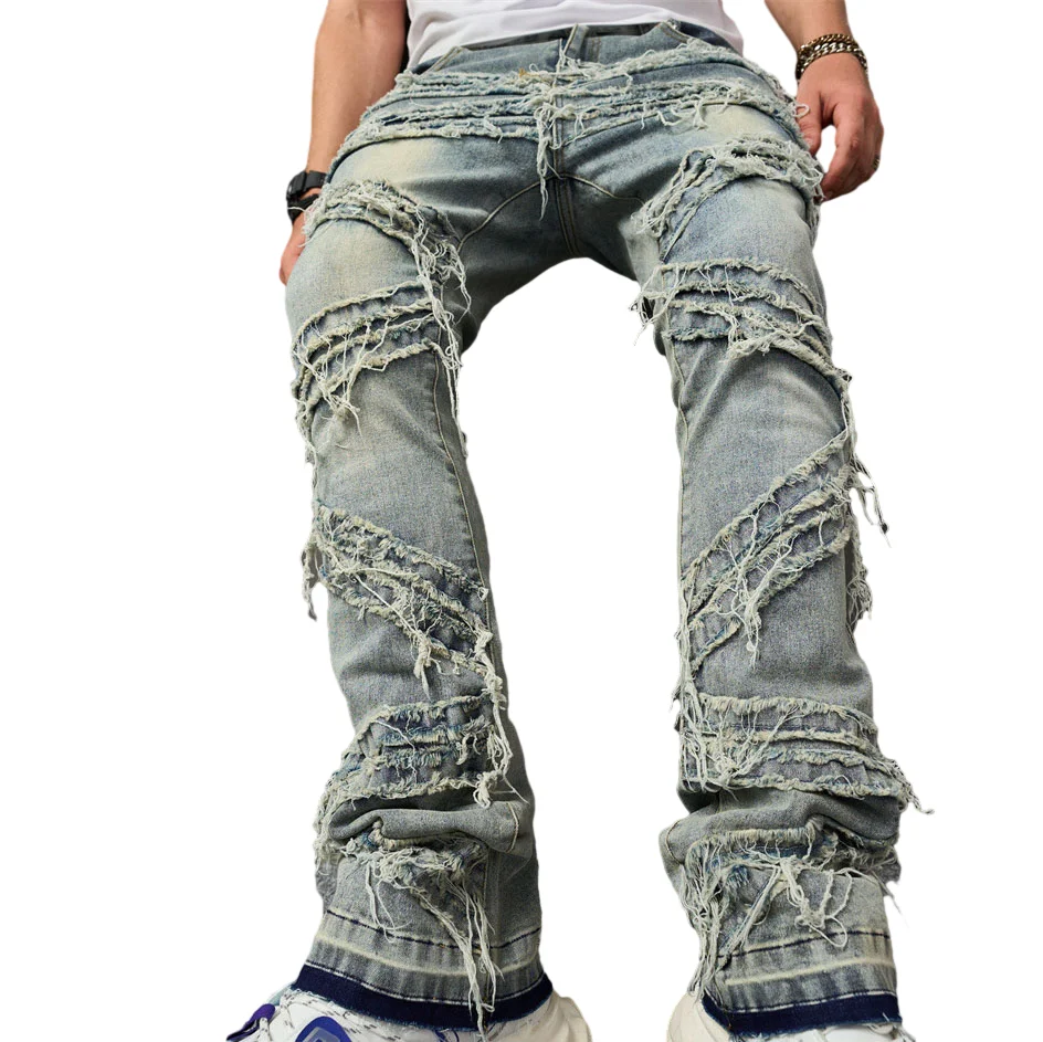 

Men Ripped Jeans Distressed Destroyed Slim Fit Straight Leg Raw Hem Denim Pants Fashion Design Street Wear Jean