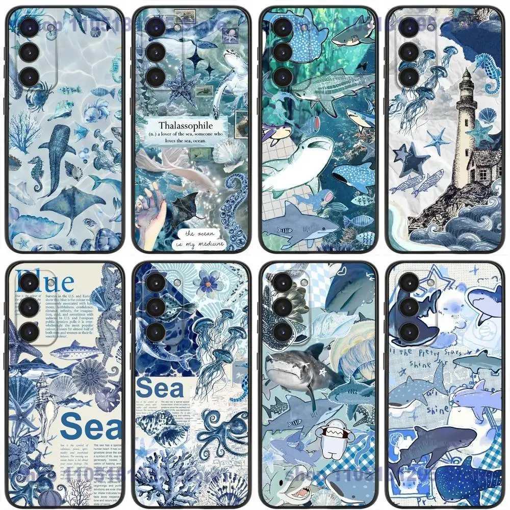 Ocean Shark Whale Design Phone Case For Samsung Galaxy A20,21s,22,31,32,52,53,72,73,80,91 Soft Liquid Silicone Black Cover