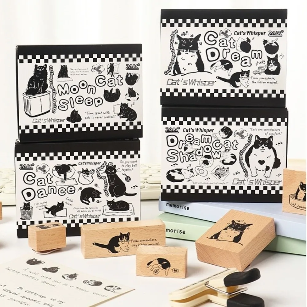8pcs New Wooden Stamp Set DIY Crafts Stationery Supplies Hand Carved Stamps Cartoon Cat Journal Stamps for Children