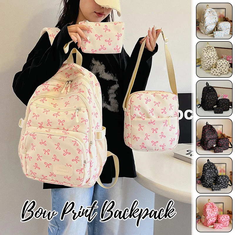 

3Pcs/Set Bow Print Backpack With Crossbody Bag And Small Purse Bow Student Bookbag Simple Backpack For Elementary Middle Kids