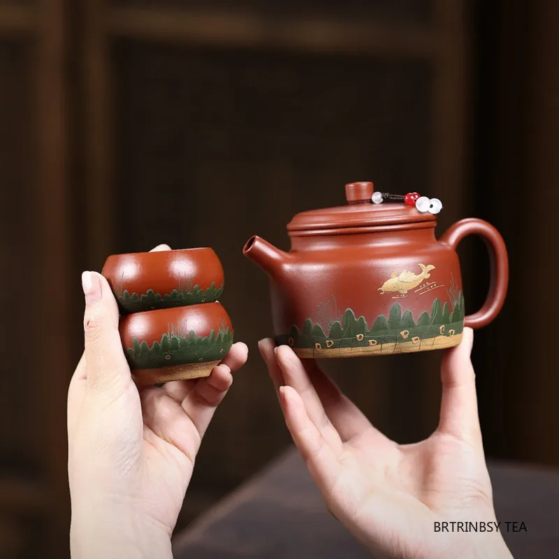 340ml Yixing Handmade Purple Clay Teapot Tradition Fish Pattern Tea Pot Household Teacup Beauty Kettle Chinese Zisha Tea Set