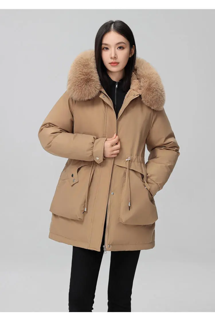 Parkas Fur Womens Fall Anti-Wrinkle Outerwear Long Adjustable Padded Smooth Cozy European Style Wide Waisted Round Neck Slant OL