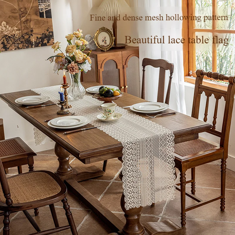 

Elegant Lace Table Runner Sheer Mesh Embroidery Hollow Craft Simple Fresh Dining Decor Wedding Party Home Decoration
