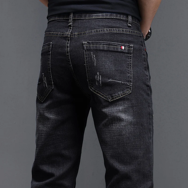Autumn New Men's Slim Jeans Fashion Korean Scratched Stretch Cotton Washed Denim Pants Black Blue Brand Skinny Trousers