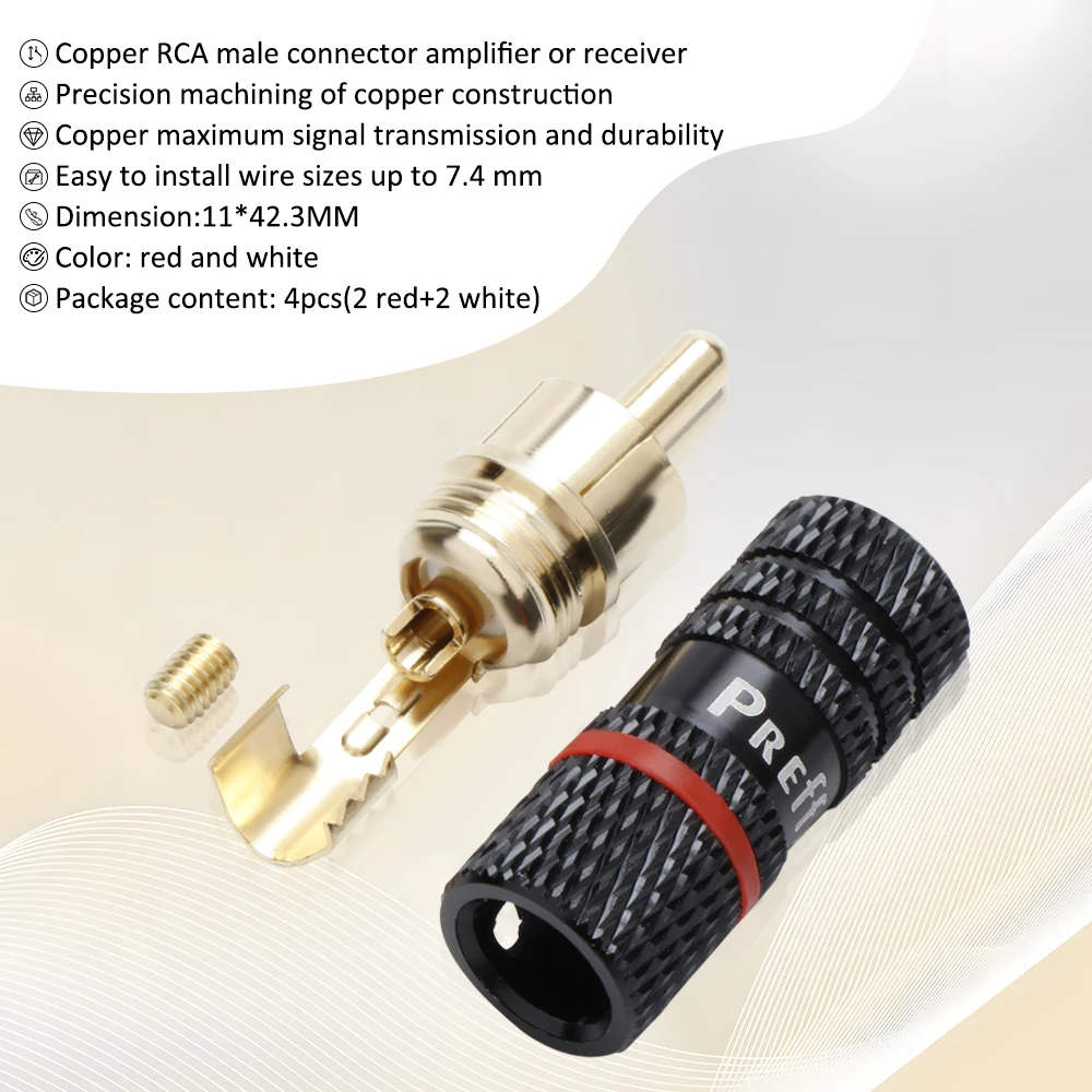 

Preffair R1708 4 шт. медные аудиоразъемы RCA, красные и белые, для усилителей и приемников для проводов диаметром до 6,0 мм