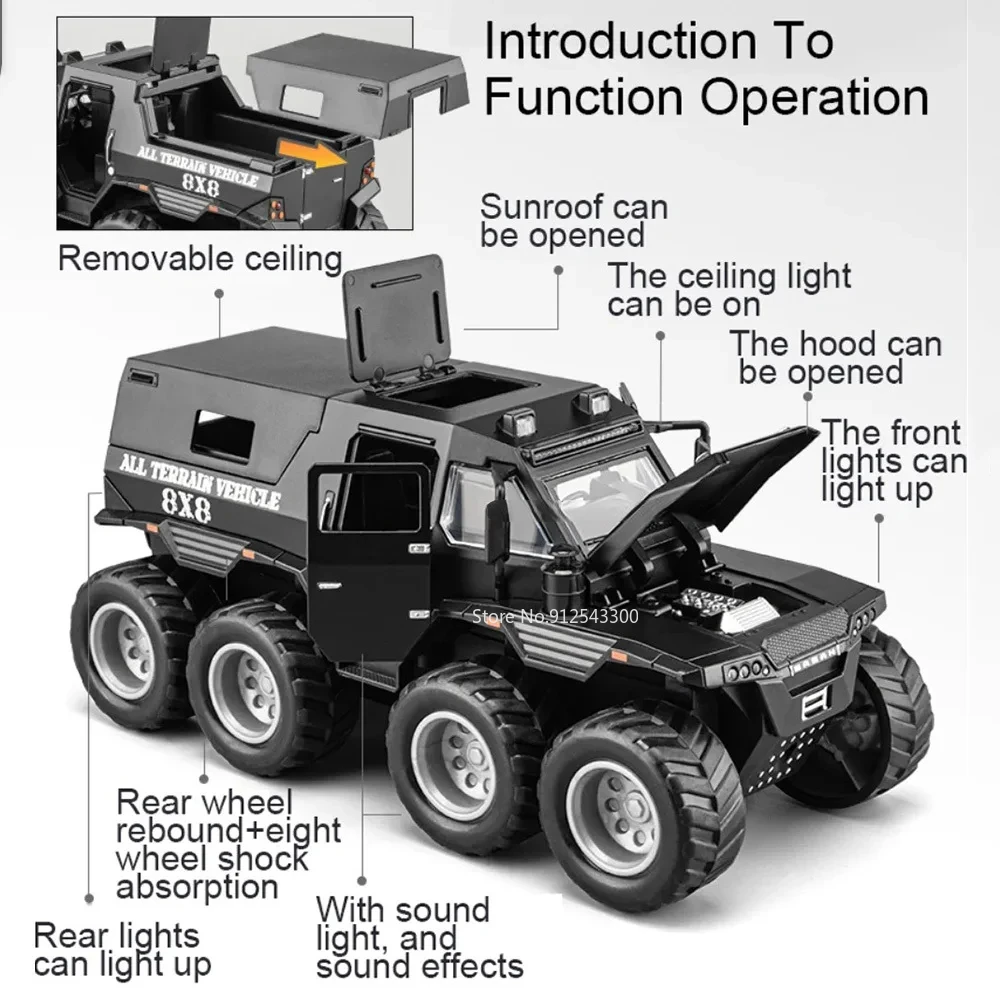 1/32 Russian Avtoros Shaman 8x8 ATV Alloy Model Toys Car Simulation Metal Diecast Sound And Light Vehicles Boys Collection Gifts